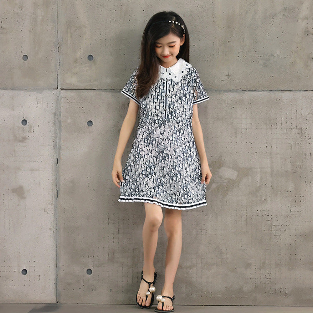 MyKids-USA® Design Kids Girls Abstract Letters Print Fashion Short Sleeves Hollow Out Collar Dress