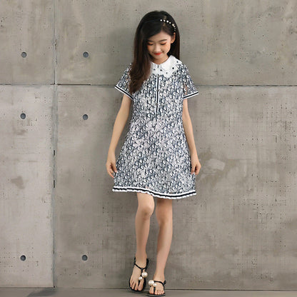 MyKids-USA® Design Kids Girls Abstract Letters Print Fashion Short Sleeves Hollow Out Collar Dress
