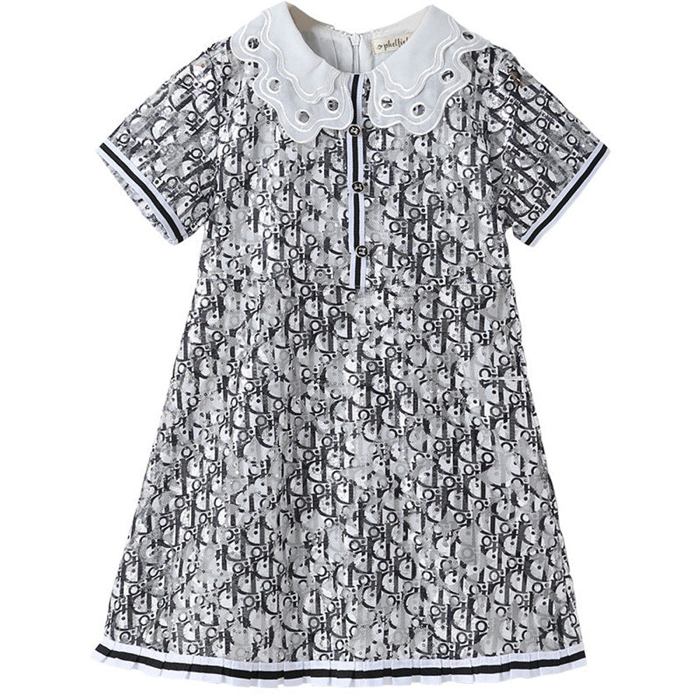 MyKids-USA® Design Kids Girls Abstract Letters Print Fashion Short Sleeves Hollow Out Collar Dress