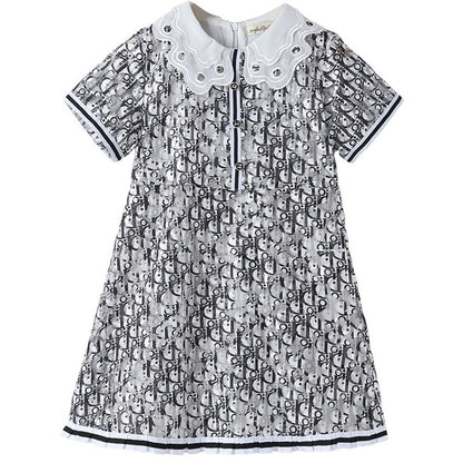 MyKids-USA® Design Kids Girls Abstract Letters Print Fashion Short Sleeves Hollow Out Collar Dress