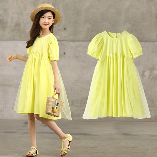 MyKids-USA® Summer Kids Girls French Style Solid Color Yellow Pure Cotton Short Sleeves Dress