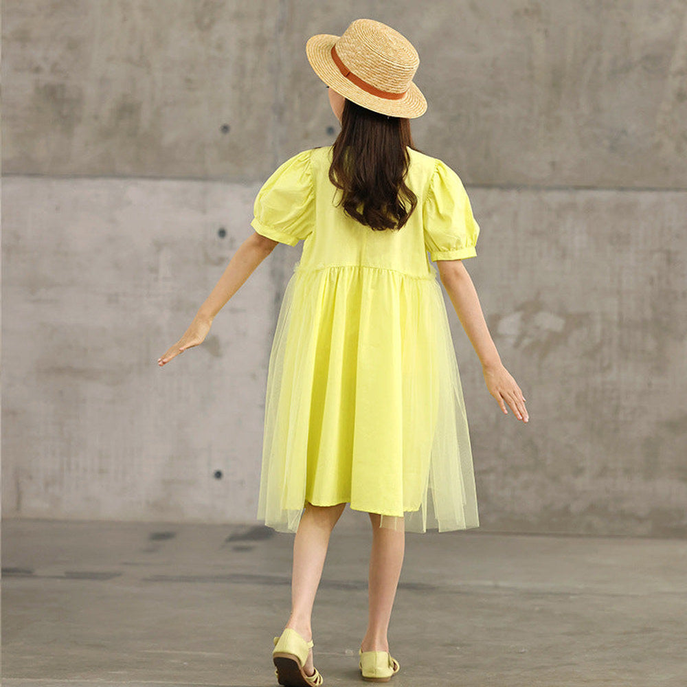 Hot Selling Summer Kids Girls French Style Solid Color Yellow Pure Cotton Short Sleeves Dress