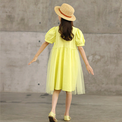 Hot Selling Summer Kids Girls French Style Solid Color Yellow Pure Cotton Short Sleeves Dress