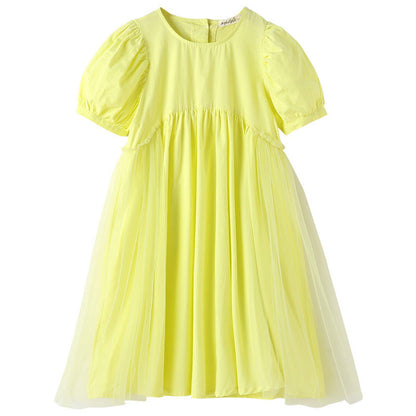 Hot Selling Summer Kids Girls French Style Solid Color Yellow Pure Cotton Short Sleeves Dress