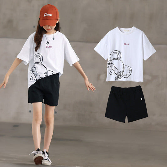 MyKids-USA® Girls Abstract Teddy Print Short Sleeves T-Shirt And Smiling Face Logo Shorts Clothing Set