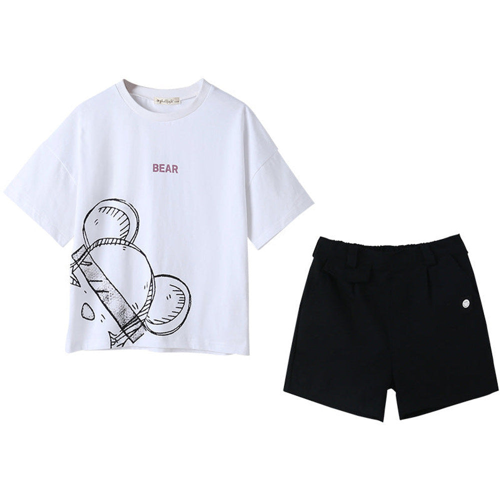 MyKids-USA® Girls Abstract Teddy Print Short Sleeves T-Shirt And Smiling Face Logo Shorts Clothing Set