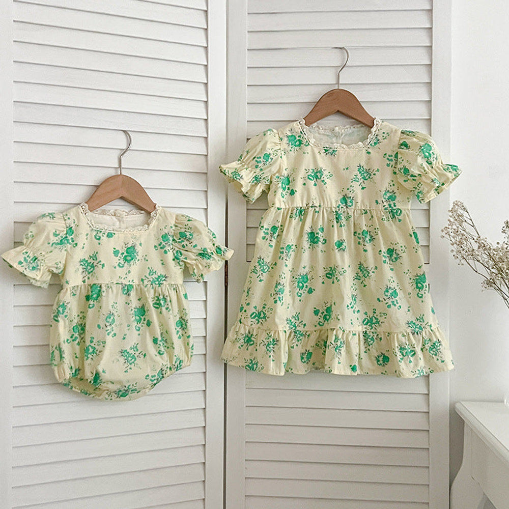 MyKids-USA® Girls Green Floral Pattern Square Neck bodysuit And Girls’ Dress – Princess Sister Matching Set