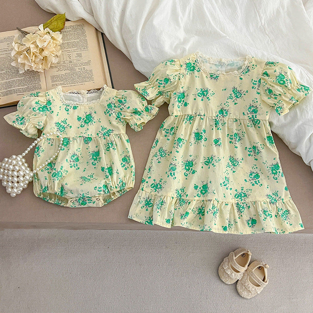MyKids-USA® Girls Green Floral Pattern Square Neck bodysuit And Girls’ Dress – Princess Sister Matching Set