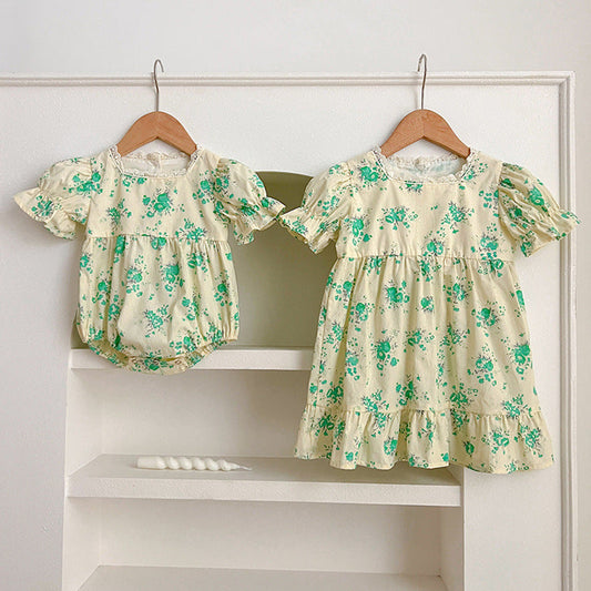MyKids-USA® Girls Green Floral Pattern Square Neck bodysuit And Girls’ Dress – Princess Sister Matching Set