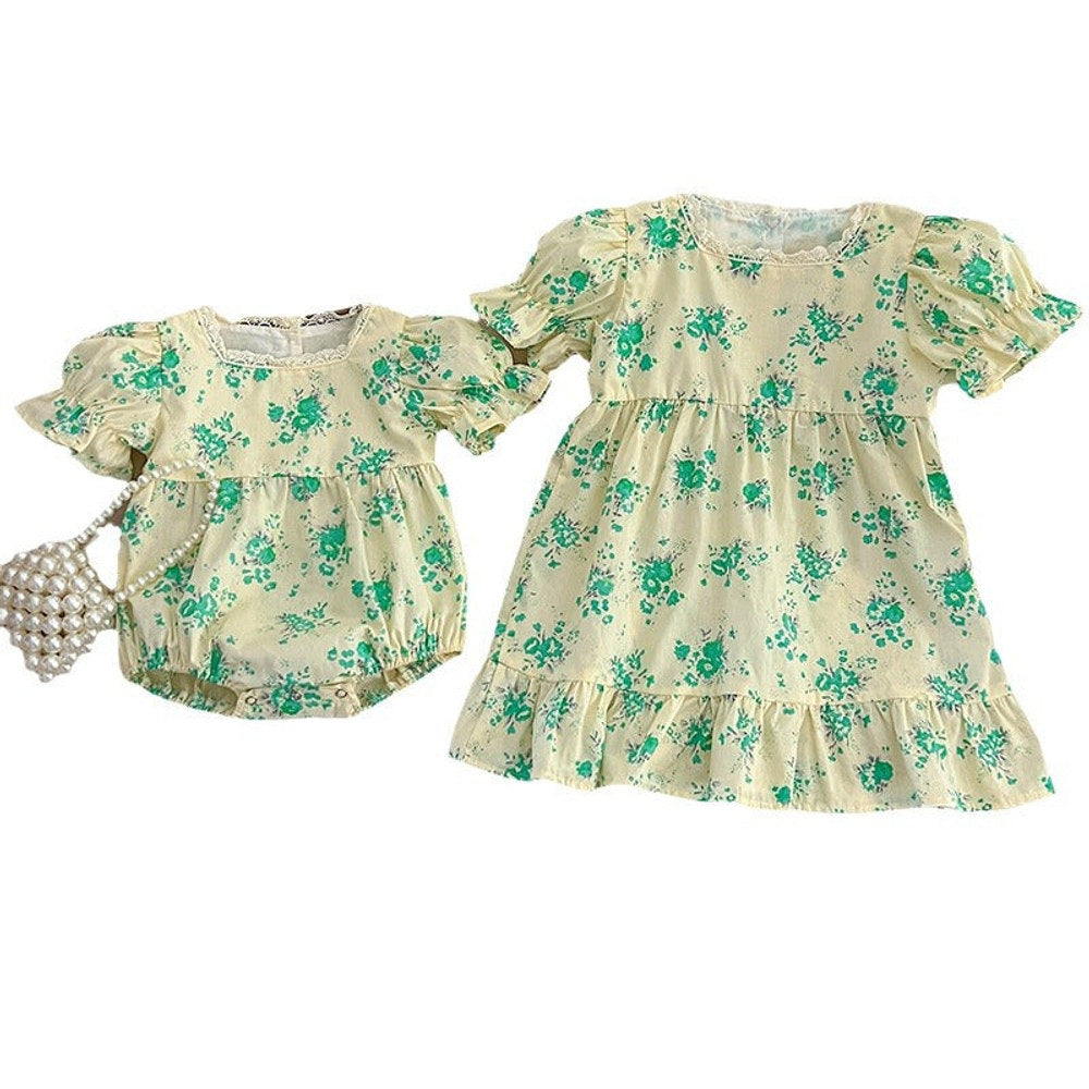 MyKids-USA® Girls Green Floral Pattern Square Neck bodysuit And Girls’ Dress – Princess Sister Matching Set