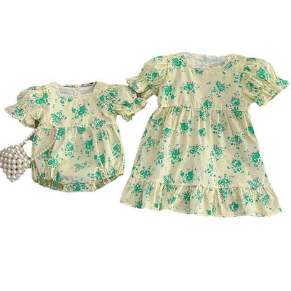 MyKids-USA® Girls Green Floral Pattern Square Neck bodysuit And Girls’ Dress – Princess Sister Matching Set