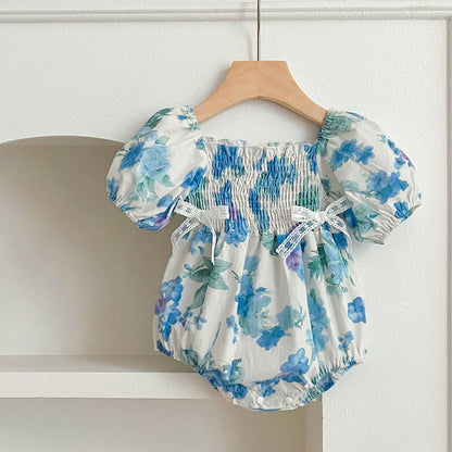 Summer Girls Blue Floral Pattern Square Neck Pleated bodysuit And Girls’ Dress – Princess Sister Matching Set