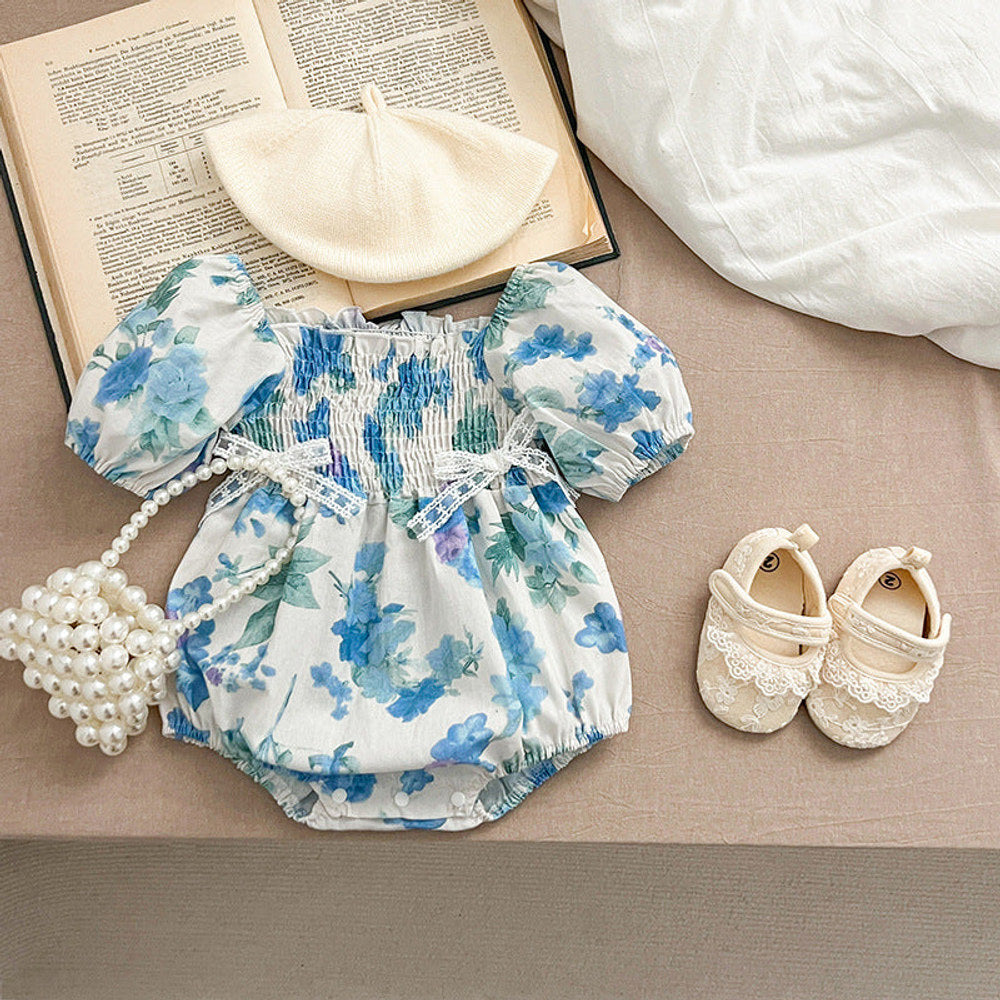 Summer Girls Blue Floral Pattern Square Neck Pleated bodysuit And Girls’ Dress – Princess Sister Matching Set