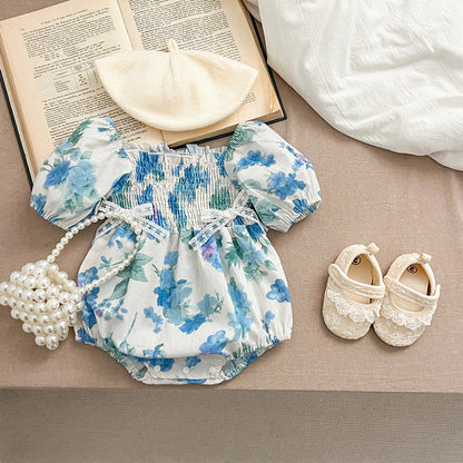 Summer Girls Blue Floral Pattern Square Neck Pleated bodysuit And Girls’ Dress – Princess Sister Matching Set