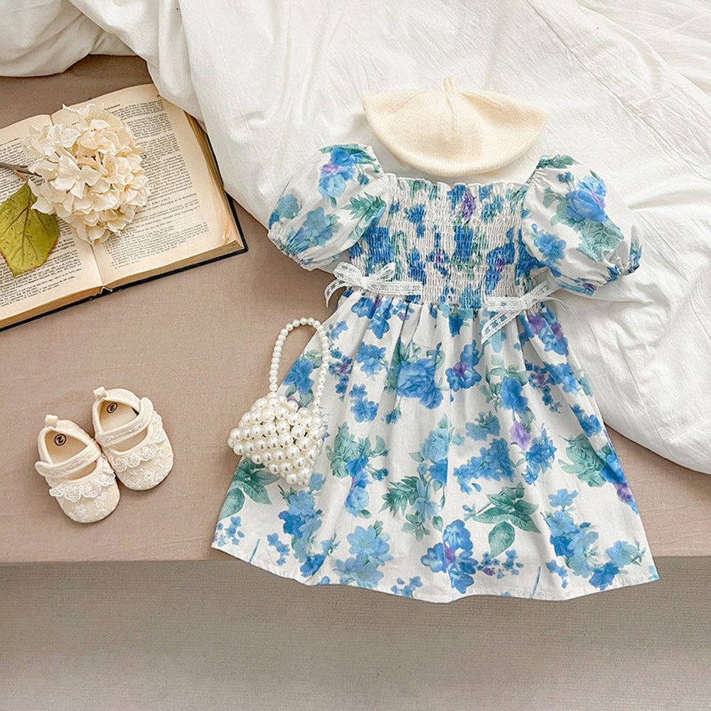 Summer Girls Blue Floral Pattern Square Neck Pleated bodysuit And Girls’ Dress – Princess Sister Matching Set