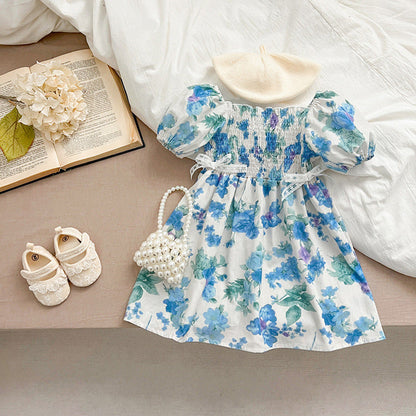 Summer Girls Blue Floral Pattern Square Neck Pleated bodysuit And Girls’ Dress – Princess Sister Matching Set