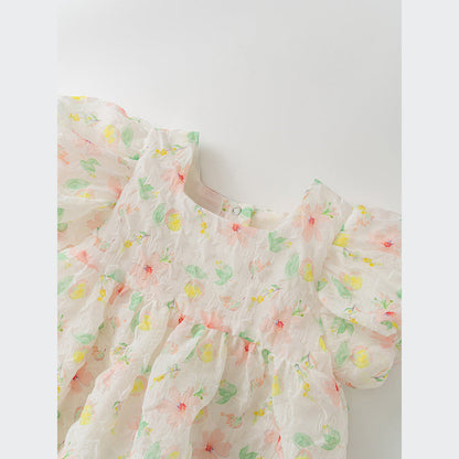 MyKids-USA® Baby Girls Colorful Floral Pattern Short Puff Sleeves Square Neck Sweet Cute bodysuit