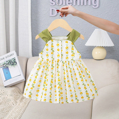 MyKids-USA® Girls Yellow Floral Pattern Sleeveless Strap bodysuit And Girls’ Dress – Princess Sister Matching Set