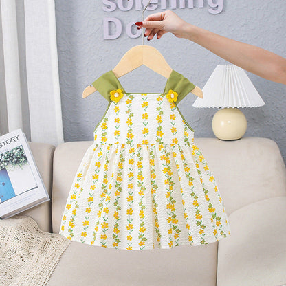 MyKids-USA® Girls Yellow Floral Pattern Sleeveless Strap bodysuit And Girls’ Dress – Princess Sister Matching Set