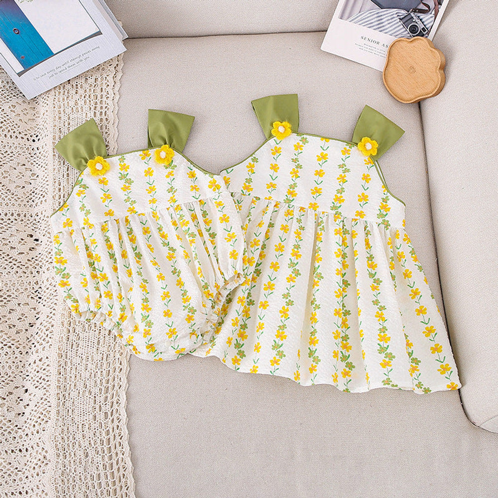 MyKids-USA® Girls Yellow Floral Pattern Sleeveless Strap bodysuit And Girls’ Dress – Princess Sister Matching Set