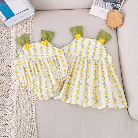 MyKids-USA® Girls Yellow Floral Pattern Sleeveless Strap bodysuit And Girls’ Dress – Princess Sister Matching Set