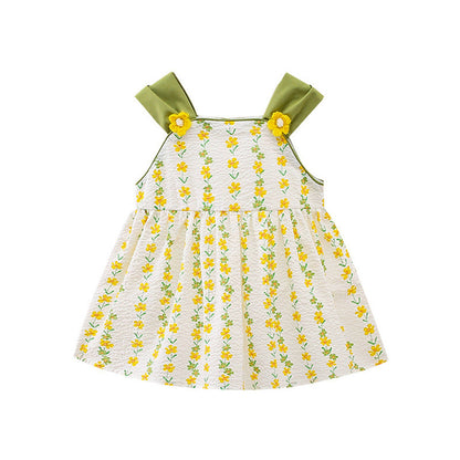 MyKids-USA® Girls Yellow Floral Pattern Sleeveless Strap bodysuit And Girls’ Dress – Princess Sister Matching Set