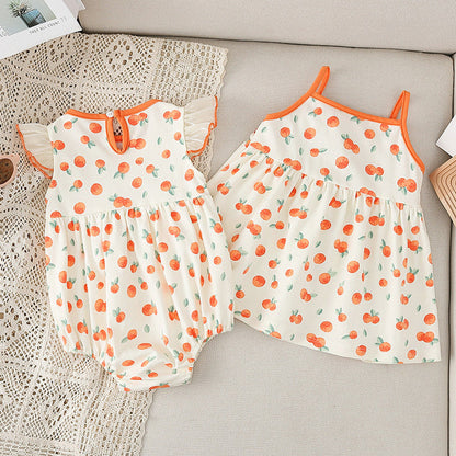 MyKids-USA® Design Girls Vivid Orange Print Striped Sleeveless Strap Dress