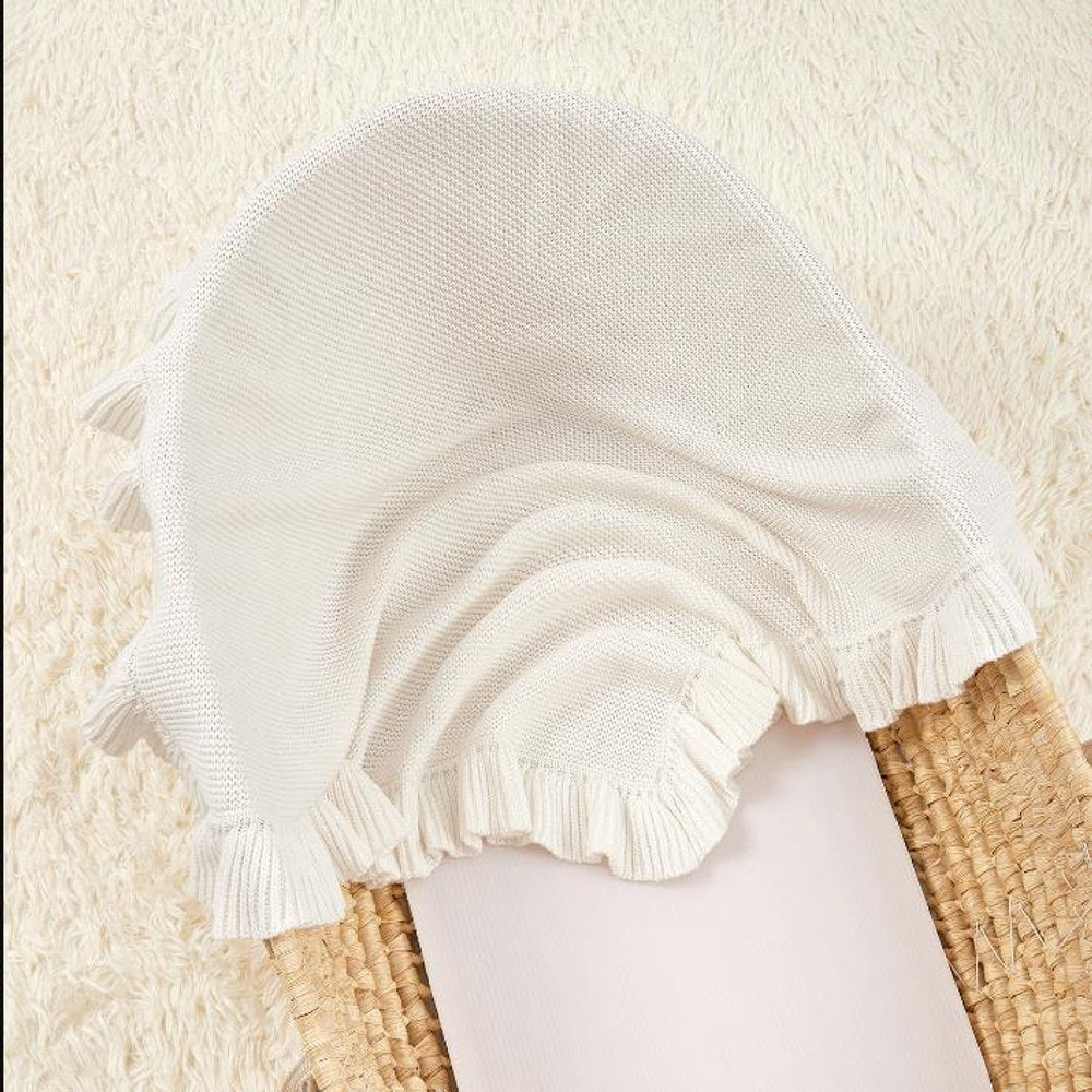 MyKids-USA® Knitted Baby Blanket With Ruffle Trim Design: Solid Color Pure Cotton Collection For All Seasons