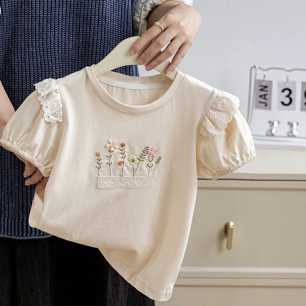 MyKids-USA® Baby Kids Girls Crew Neck Short Sleeves Floral Embroidery Top T-Shirt