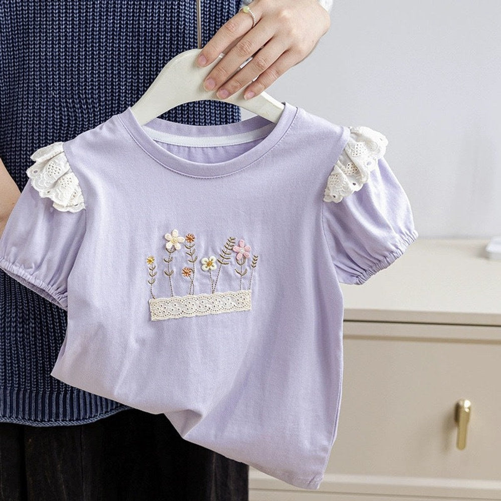 MyKids-USA® Baby Kids Girls Crew Neck Short Sleeves Floral Embroidery Top T-Shirt