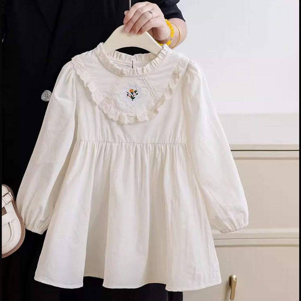 MyKids-USA® Kids Girls Simple Long Sleeves Ruffle Neck Floral Embroidery Dress