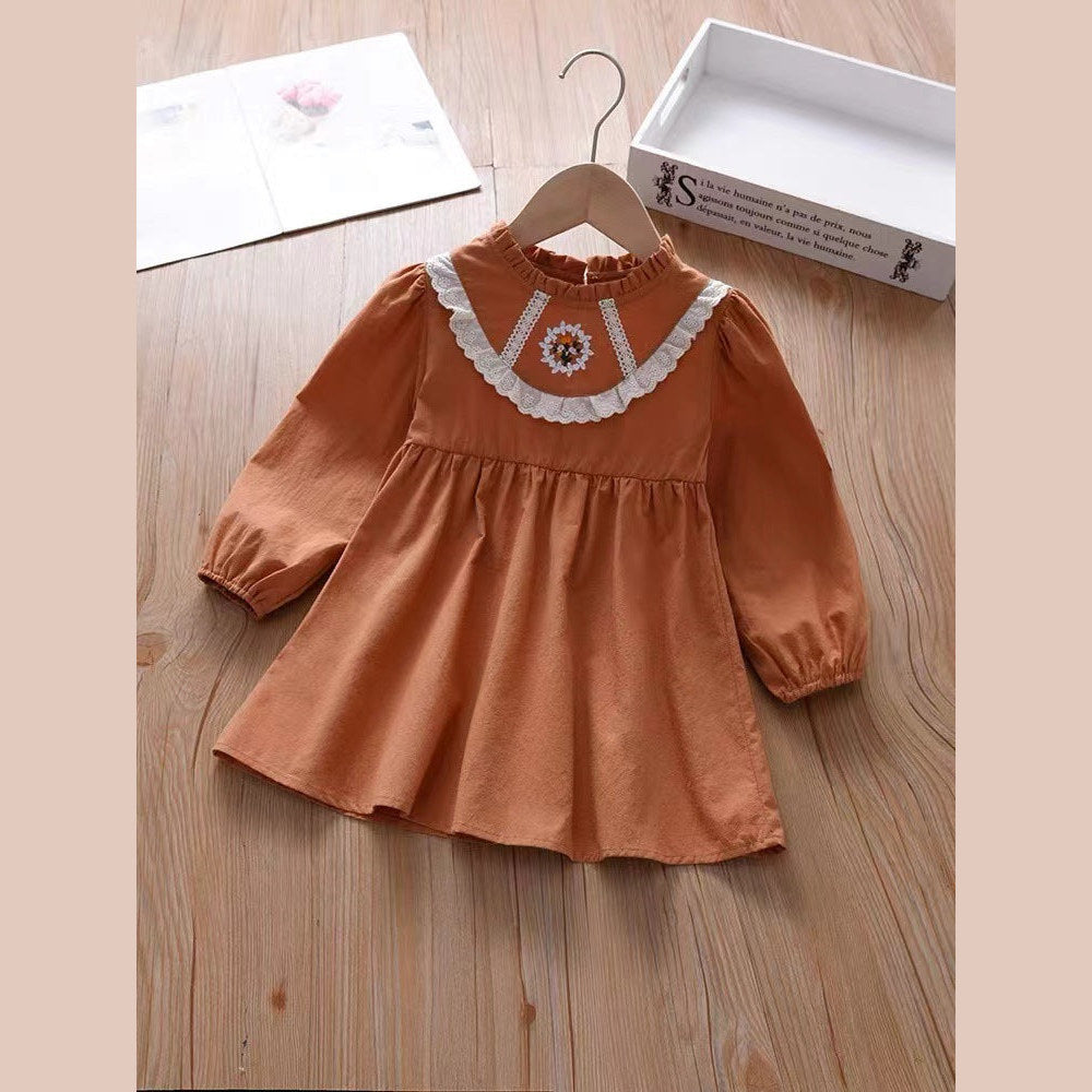 MyKids-USA® Kids Girls Simple Long Sleeves Ruffle Neck Floral Embroidery Dress