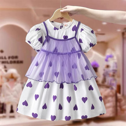 MyKids-USA® Kids Girls Short Sleeves Heart Print Sweet Mesh Princess Dress