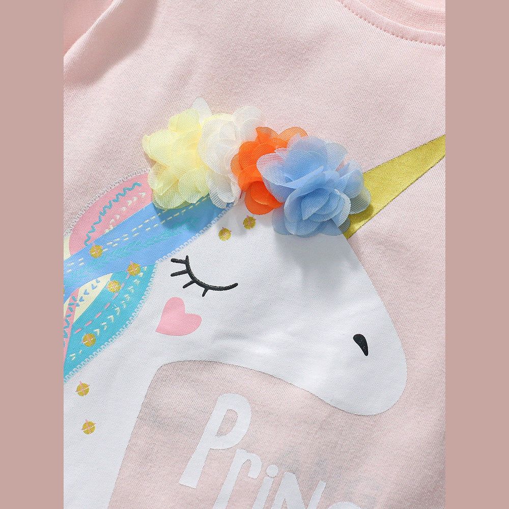 MyKids-USA® Girls’ Princess Unicorn Cartoon Print Short Sleeves T-Shirt In European And American Style