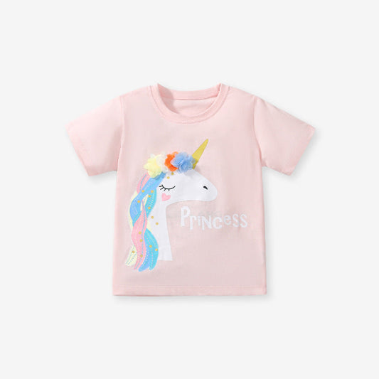 MyKids-USA® Girls’ Princess Unicorn Cartoon Print Short Sleeves T-Shirt In European And American Style For Summer