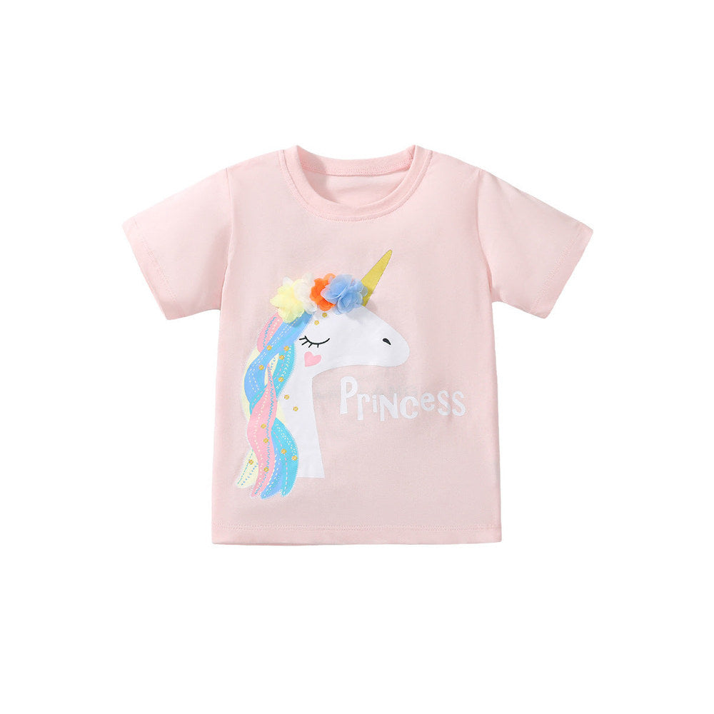 MyKids-USA® Girls’ Princess Unicorn Cartoon Print Short Sleeves T-Shirt In European And American Style