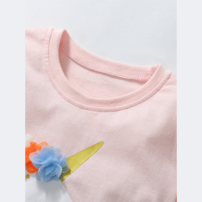 MyKids-USA® Girls’ Princess Unicorn Cartoon Print Short Sleeves T-Shirt In European And American Style
