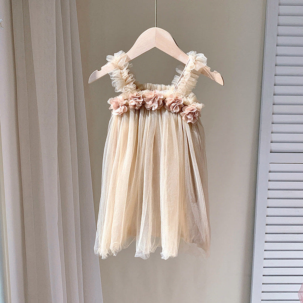 MyKids-USA® Summer Baby Kids Girls Sleeveless 3D Flowers Mesh Strap Dress