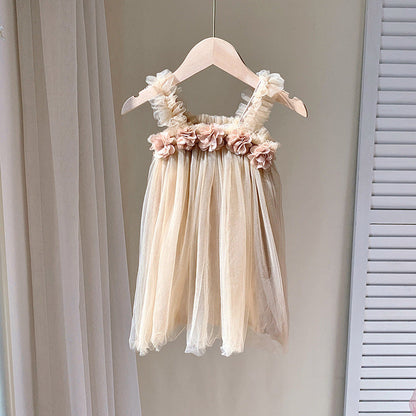 MyKids-USA® Summer Baby Kids Girls Sleeveless 3D Flowers Mesh Strap Dress