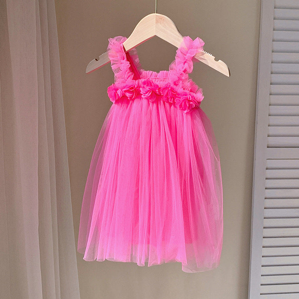 MyKids-USA® Summer Baby Kids Girls Sleeveless 3D Flowers Mesh Strap Dress