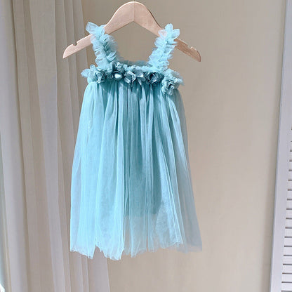 MyKids-USA® Summer Baby Kids Girls Sleeveless 3D Flowers Mesh Strap Dress