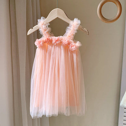 MyKids-USA® Summer Baby Kids Girls Sleeveless 3D Flowers Mesh Strap Dress