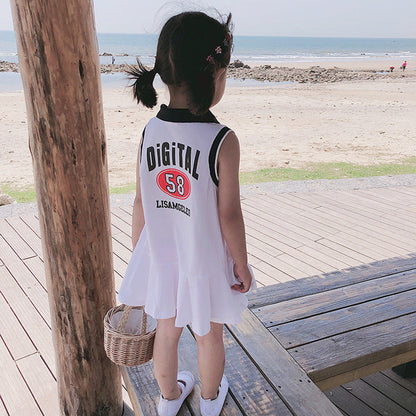 MyKids-USA® Summer Baby Girls Sleeveless Turndown Collar Sport Design Letters Print Dress