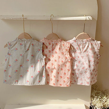 MyKids-USA® New Design Kids Girls Ruffle Crew Neck Sleeveless Thin Floral Pattern Top Vest