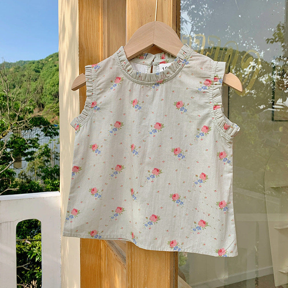 MyKids-USA® New Design Kids Girls Ruffle Crew Neck Sleeveless Thin Floral Pattern Top Vest