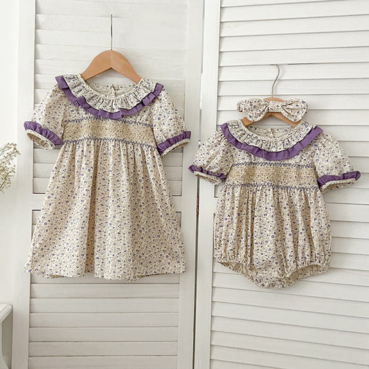 MyKids-USA® Girls Floral Pattern Ruffle Collar Short Sleeves bodysuit And Girls’ Dress – Princess Sister Matching Set