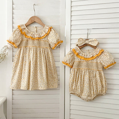 MyKids-USA® Girls Floral Pattern Ruffle Collar Short Sleeves bodysuit And Girls’ Dress – Princess Sister Matching Set