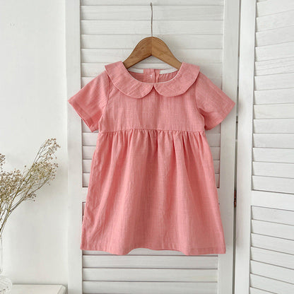 MyKids-USA® Girls’ Solid Color Short Sleeves Peter Pan Collar Cotton Comfy Dress