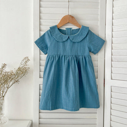 MyKids-USA® Girls’ Solid Color Short Sleeves Peter Pan Collar Cotton Comfy Dress