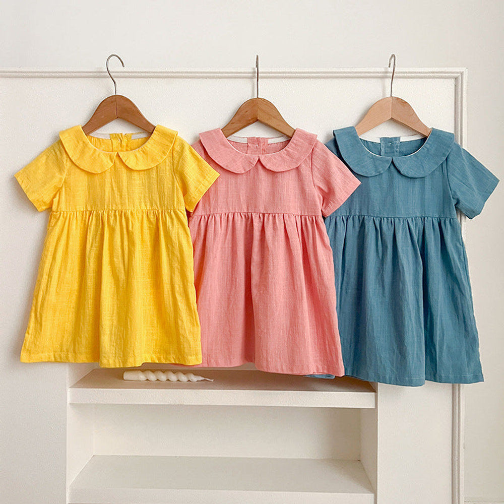 MyKids-USA® Girls’ Solid Color Short Sleeves Peter Pan Collar Cotton Comfy Dress